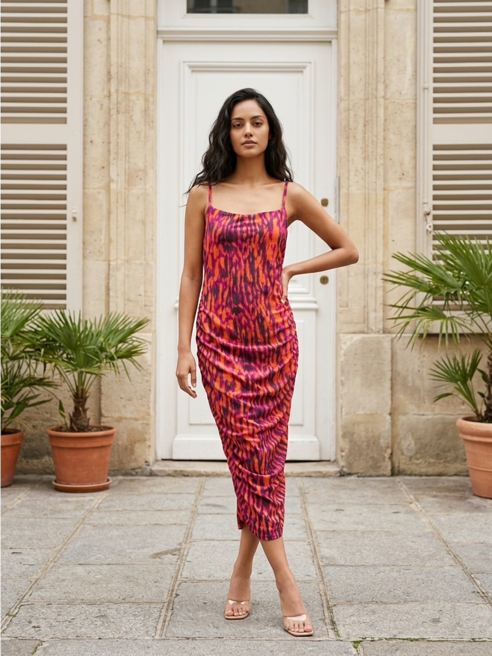 Ashley Graham Pink and Orange Printed Midi Slip Dress